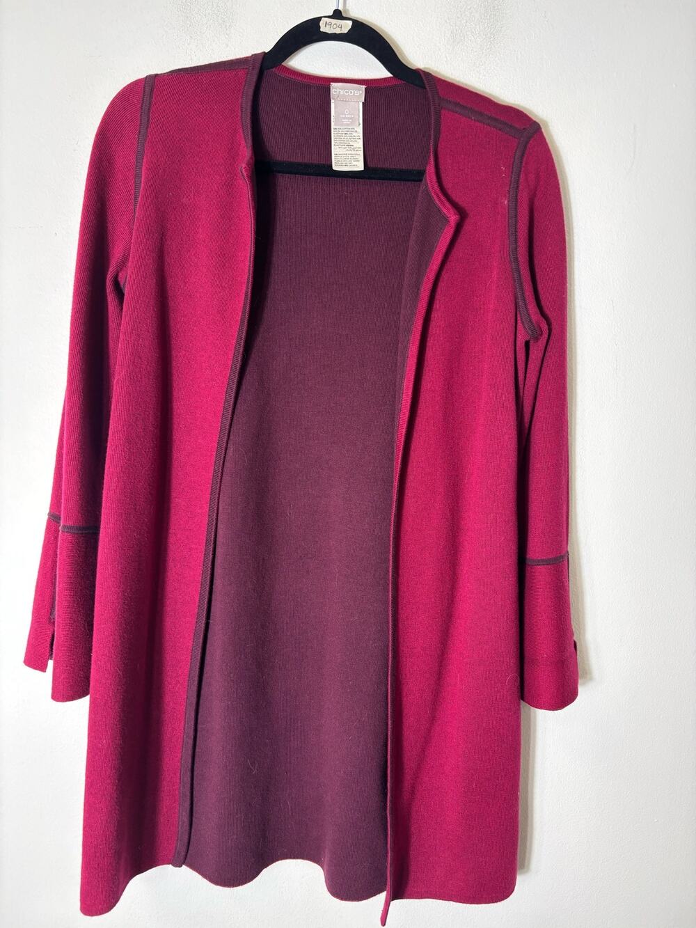 Chico's Red Maroon Long Knit Cardigan Long Sleeves Sz 0 (4)